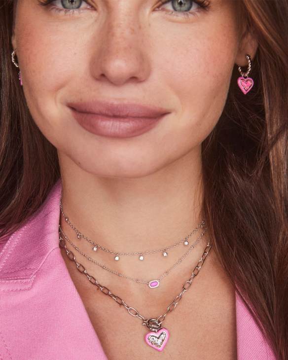 Ari Heart Silver Enamel Frame Link and Chain Necklace in Pink Iridescent Glitter Glass