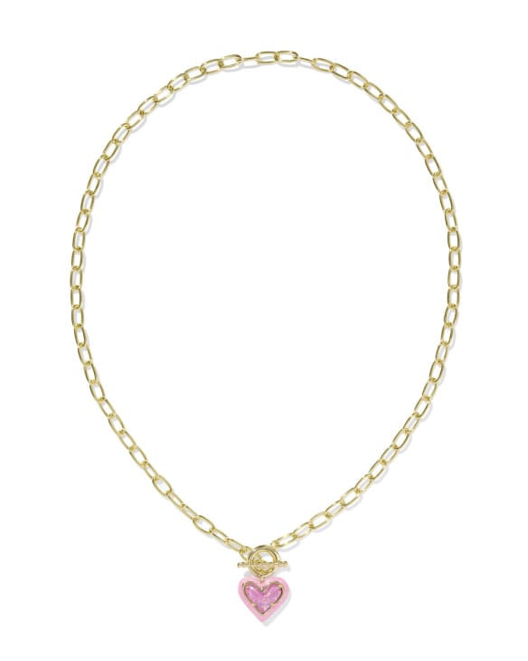 Ari Heart Gold Enamel Frame Link and Chain Necklace in Pink Iridescent Glitter Glass