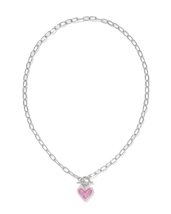 Ari Heart Silver Enamel Frame Link and Chain Necklace in Pink Iridescent Glitter Glass