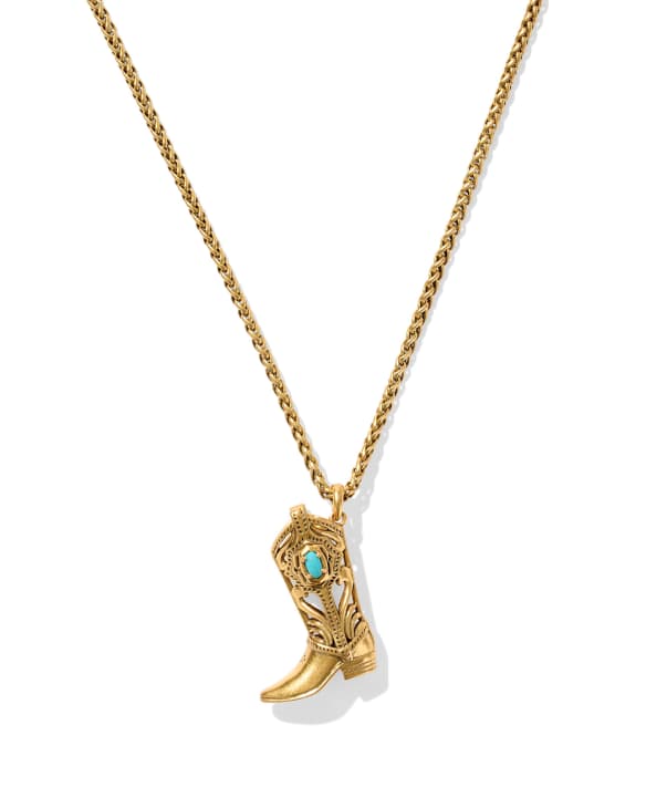 Beau Boot Vintage Gold Small Long Pendant Necklace in Variegated Turquoise Magnesite