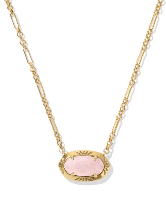 Elisa Vintage Gold Etch Frame Short Pendant Necklace in Rose Quartz