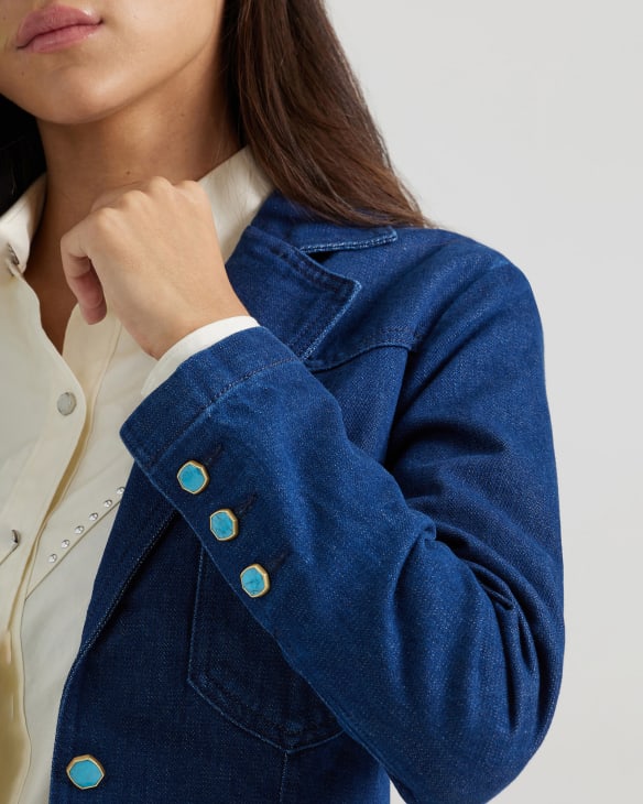 Wrangler® x Yellow Rose by Kendra Scott 70's Fitted Blazer in Rinsed Wrangler Blue