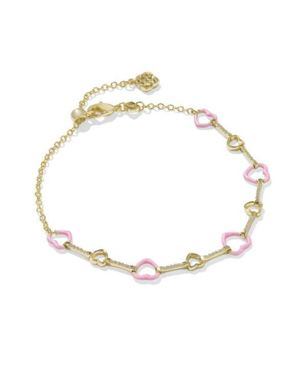 Haisley Heart Gold Delicate Chain Bracelet in Pink Pearlescent Enamel