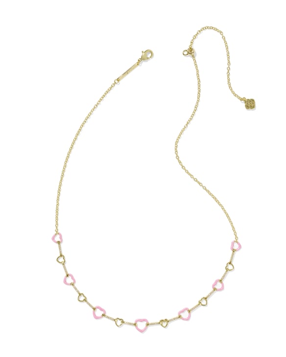 Haisley Heart Gold Strand Necklace in Pink Pearlescent Enamel