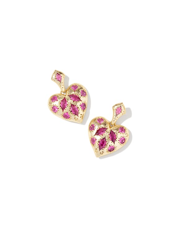 Holland Gold Heart Drop Earrings in Pink Crystal