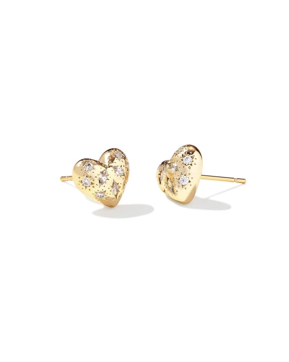 Holland Gold Heart Stud Earrings in White CZ