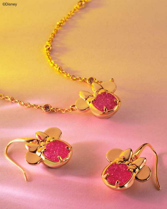 Disney | Kendra Scott Gold Minnie Mouse Short Pendant Necklace in Hot Pink Drusy