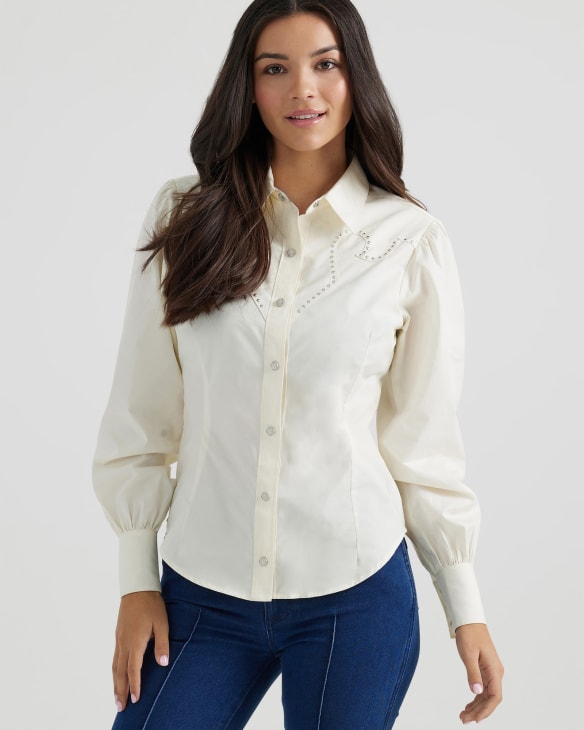 Wrangler® x Yellow Rose by Kendra Scott Puff Sleeve Rodeo Shirt in Vanilla Ice